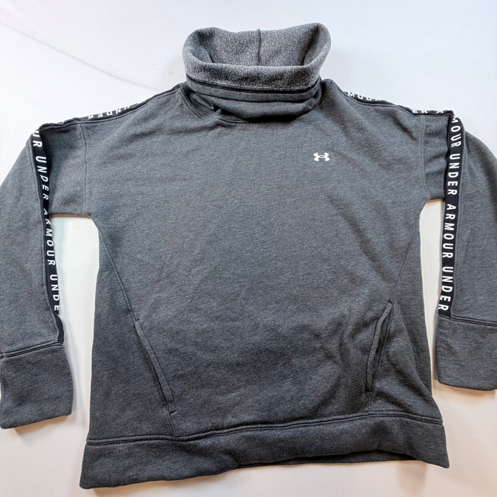 Under Armour Womens Small Gray Fleece Funnel Neck Logo Tape‎ Pullover Sweatshirt